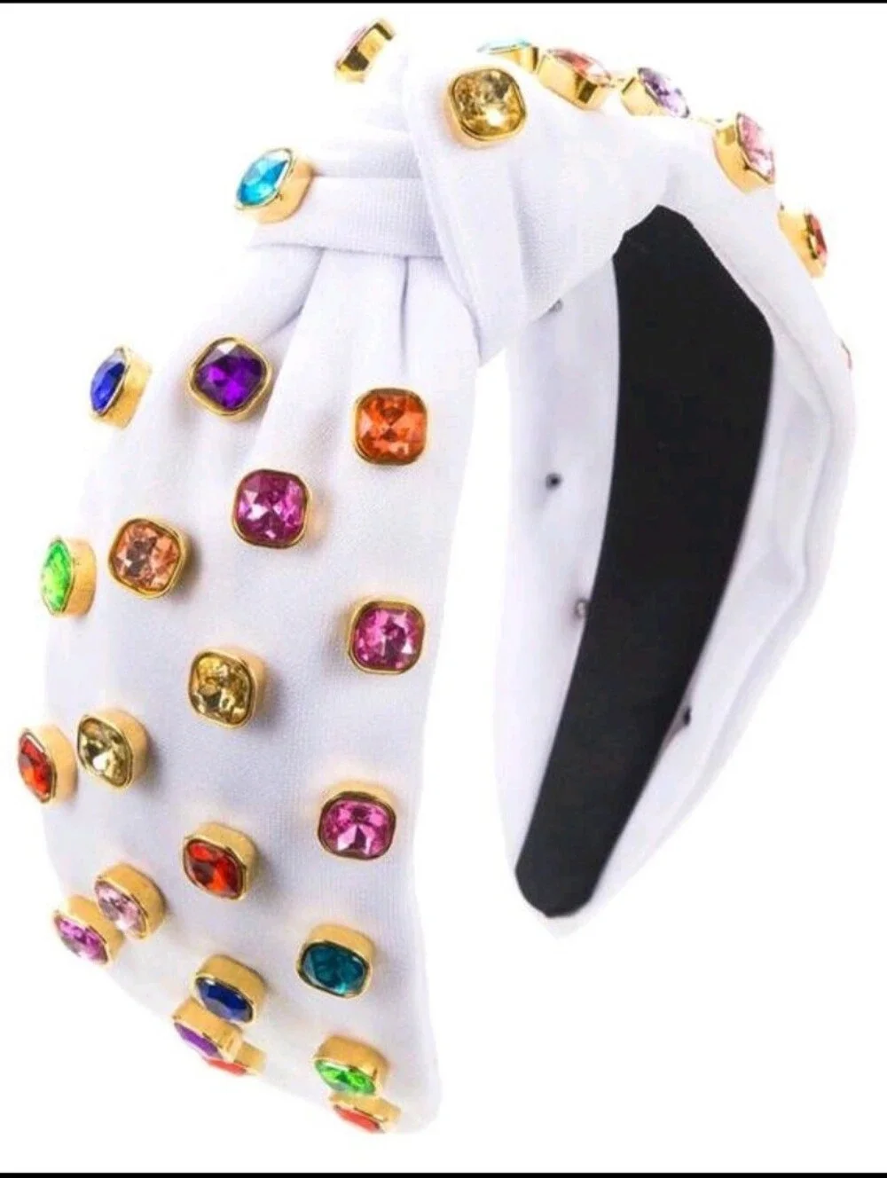 White Jeweled Knot Headband with Multicolor Stones